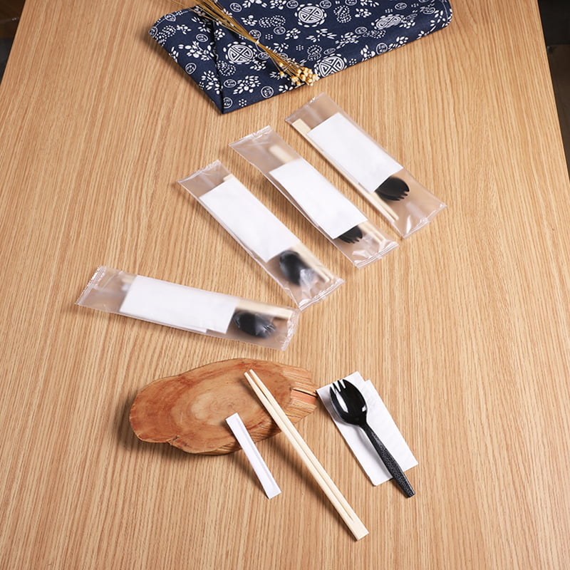 Conjunto de pauzinhos de bambu descartáveis ​​4 unidades com guardanapo de garfo conjunto de filme composto fosco