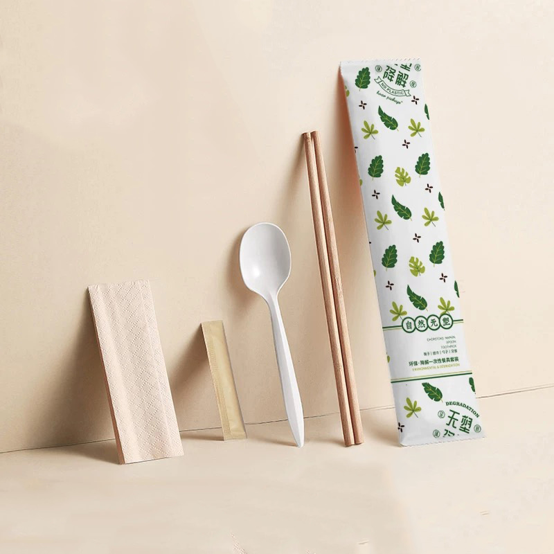 Talheres descartáveis, pauzinhos de bambu ecológicos para restaurante, impressão de logotipo, talheres, embalagens, conjunto de filme de papel degradável