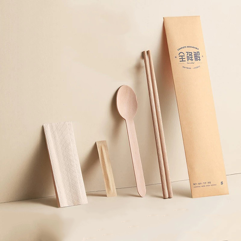 Pauzinhos de bambu descartáveis, 4 peças, conjunto com colher biodegradável, guardanapo, talheres, papel degradável, conjunto de filme