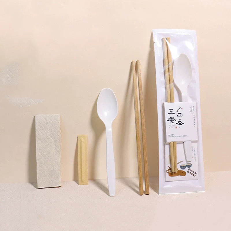 Pauzinhos ecológicos com colher, colher descartável e talheres de palito de bambu, conjunto de filme de papel degradável