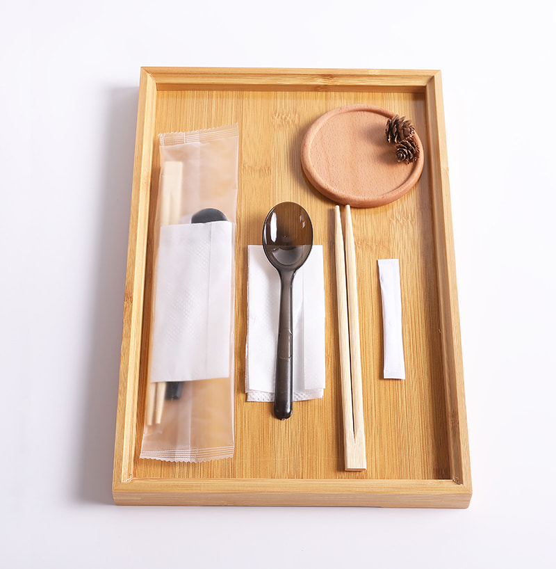 Conjunto de quatro peças de saco de refeição descartável tem colher de pauzinhos e guardanapo de mesa conjunto de filme composto fosco