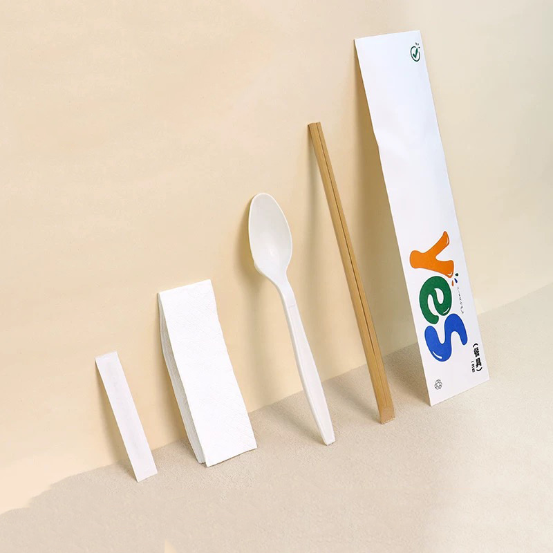 Pauzinhos de bambu descartáveis, guardanapo, colher, palitos de dente, conjunto para comida, restaurante, conjunto de filme de papel degradável
