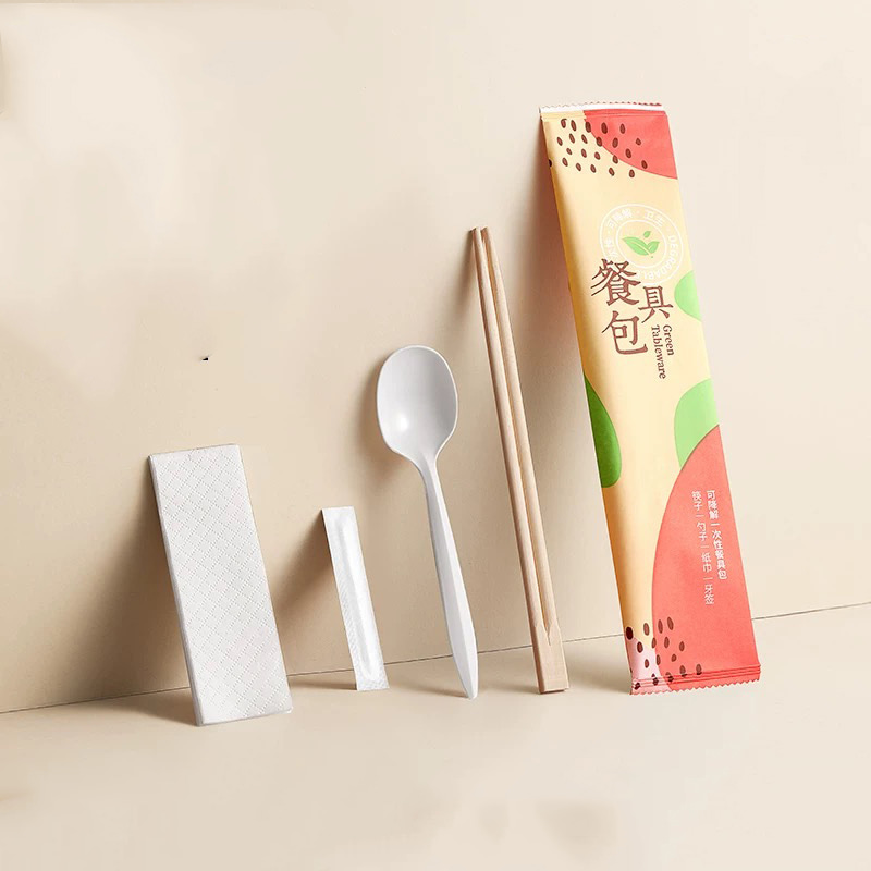 Pauzinhos de bambu descartáveis, colheres de amido de milho biodegradáveis, palitos de dente, conjunto de filme de papel degradável