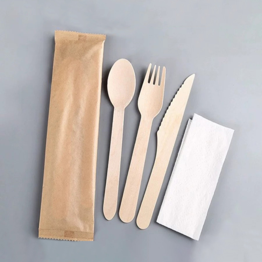 Fabricante de talheres descartáveis ​​​​e ecológicos Conjunto de talheres de madeira Conjunto de filme de papel degradável